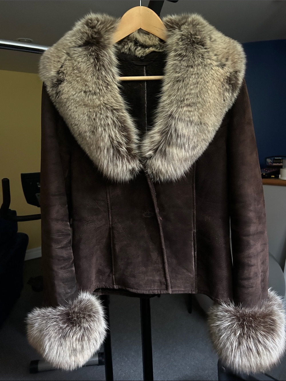 Danier Dark Brown Suede Jacket with Fox Collar and Cuffs